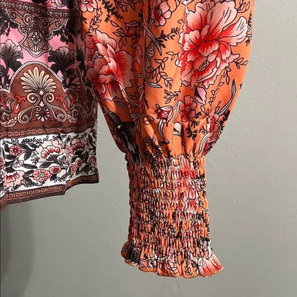 Boho Floral Print Lantern Sleeve Tie Front Blouse - Picture 6 of 11